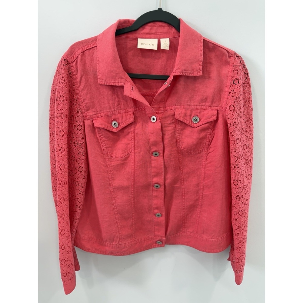 Chicos Linen Blend Jacket Womens Medium Pink Crochet Sleeve Button Front Top